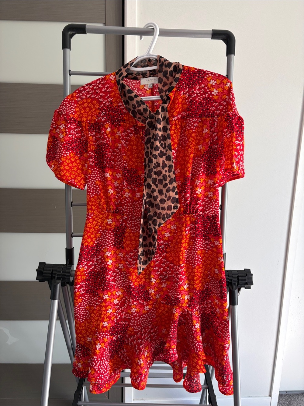 Never Fully Dressed Red and Orange Floral Mini Dress with Leopard Tie